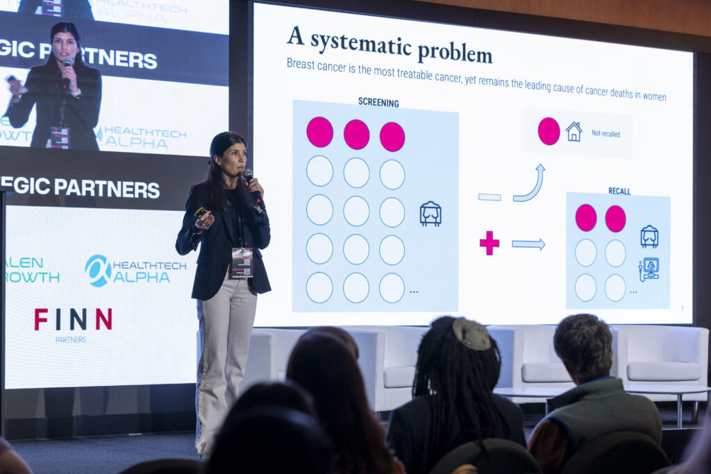 Health Tech Challengers finalist pitching innovations in breast cancer detection at Health Tech Forward 2024.