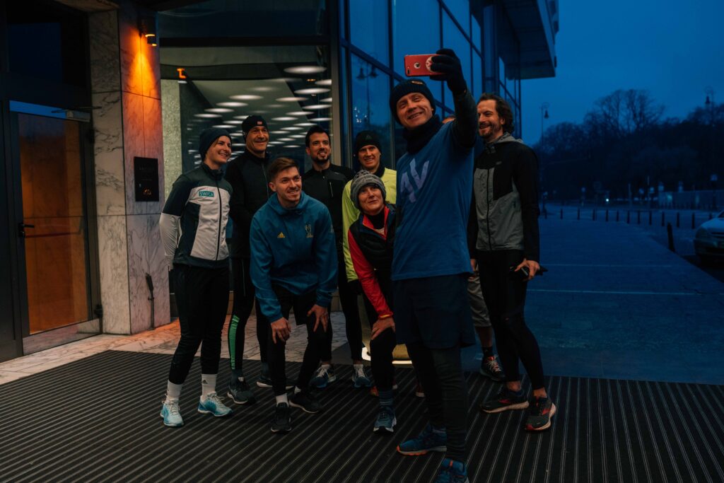 A group of Health Tech Forward participants gathered outside for a morning networking run.